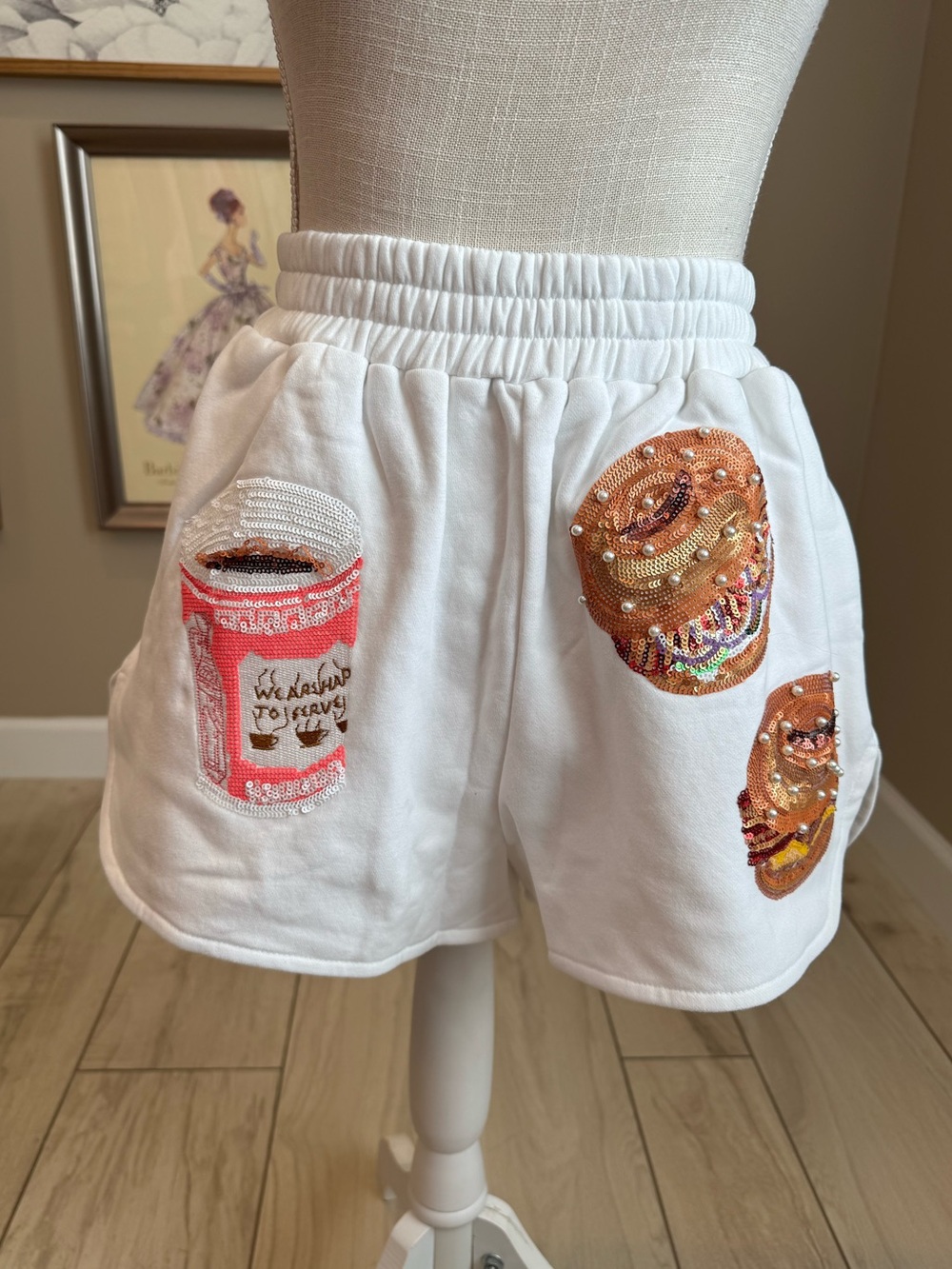 New! QUEEN OF SPARKLES White Sequin Bagel and Coffee Shorts